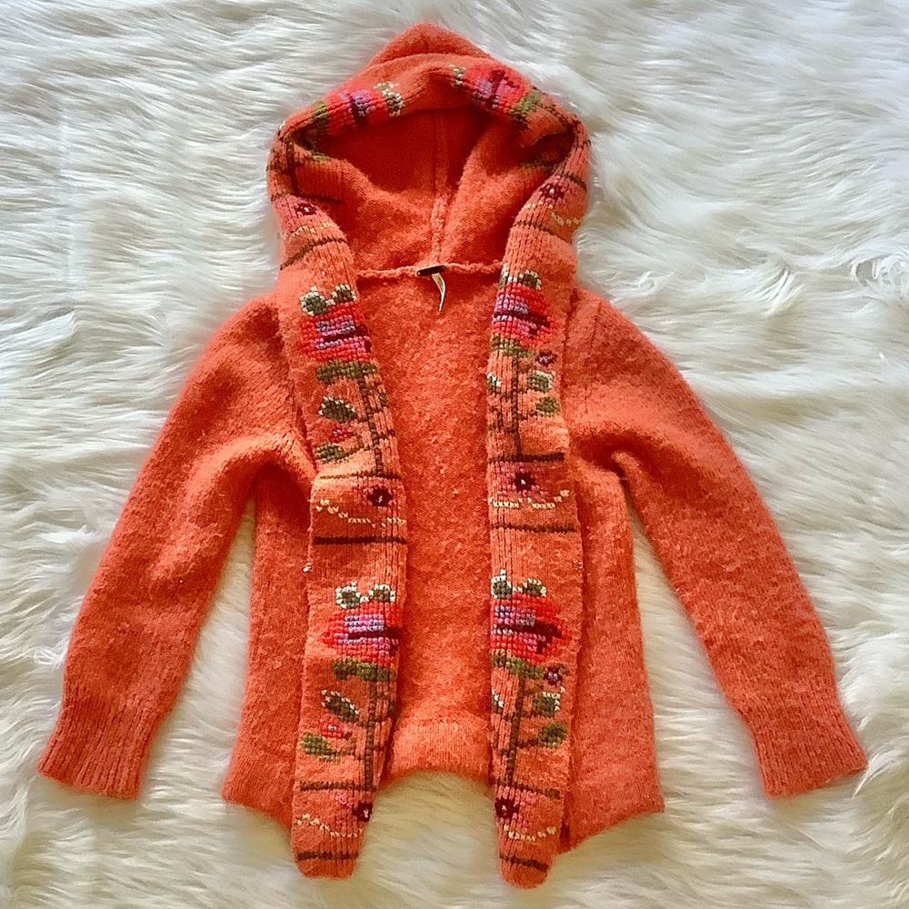 Free People Orange Hooded Cross Stitch Open Front Sweater